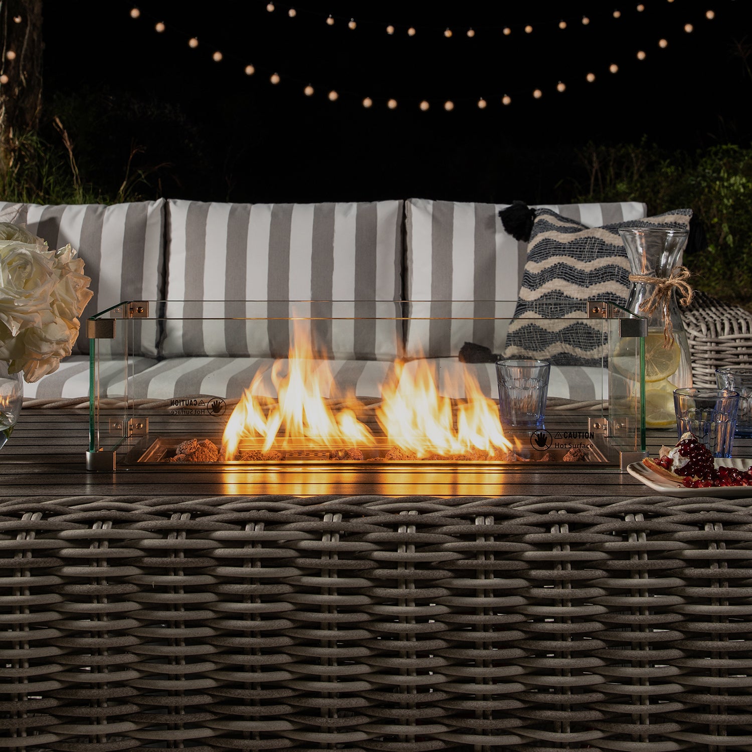Bellagio Round Wicker Sofa Set with Firepit Coffee Table, Light Grey with Taupe Stripe