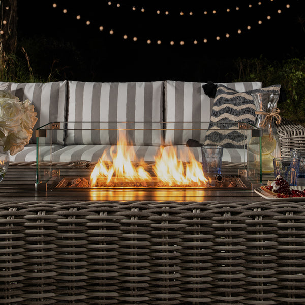Bellagio Round Wicker Sofa Set with Firepit Coffee Table, Light Grey with Taupe Stripe - daals