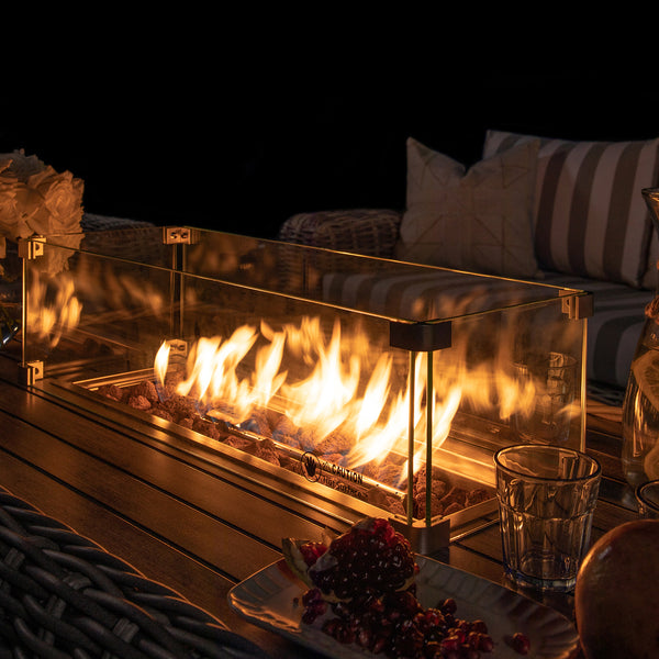 Bellagio Round Wicker Sofa Set with Firepit Coffee Table, Light Grey with Taupe Stripe - daals