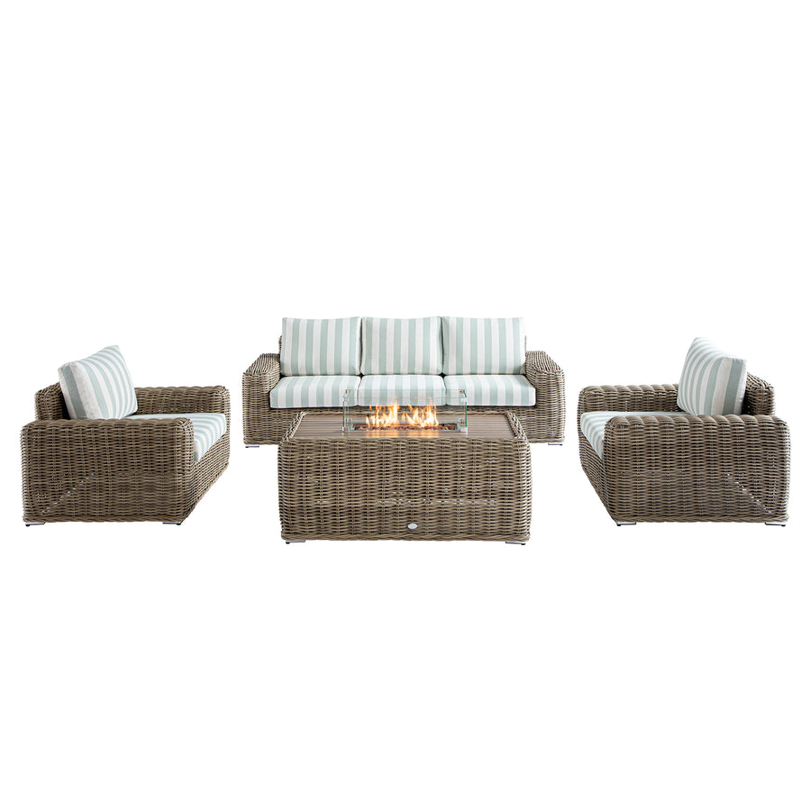 Bellagio Round Wicker Sofa Set with Firepit Coffee Table, Natural with Sage Stripe