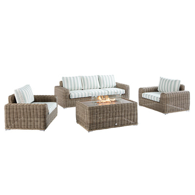 Bellagio Round Wicker Sofa Set with Firepit Coffee Table, Natural with Sage Stripe