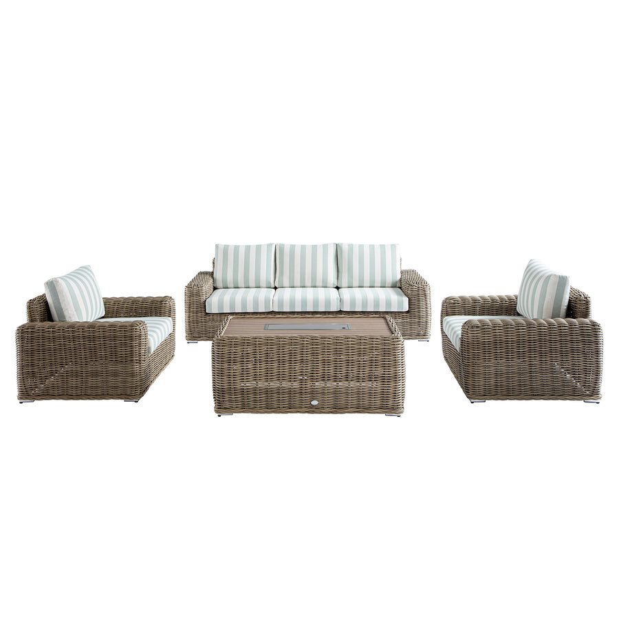 Bellagio Round Wicker Sofa Set with Firepit Coffee Table, Natural with Sage Stripe