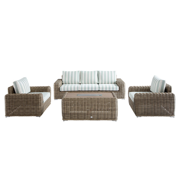 Bellagio Round Wicker Sofa Set with Firepit Coffee Table, Natural with Sage Stripe - daals