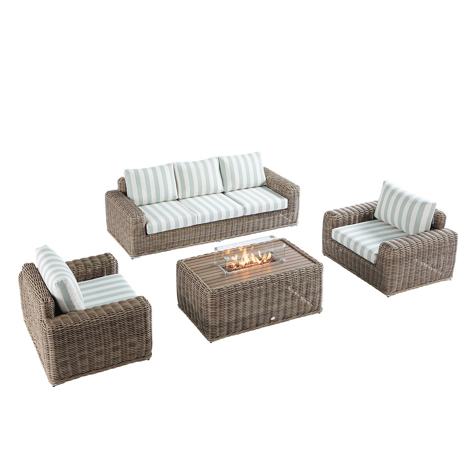 Bellagio Round Wicker Sofa Set with Firepit Coffee Table, Natural with Sage Stripe