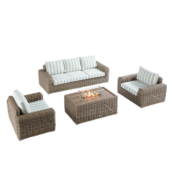 Bellagio Round Wicker Sofa Set with Firepit Coffee Table, Natural with Sage Stripe - daals