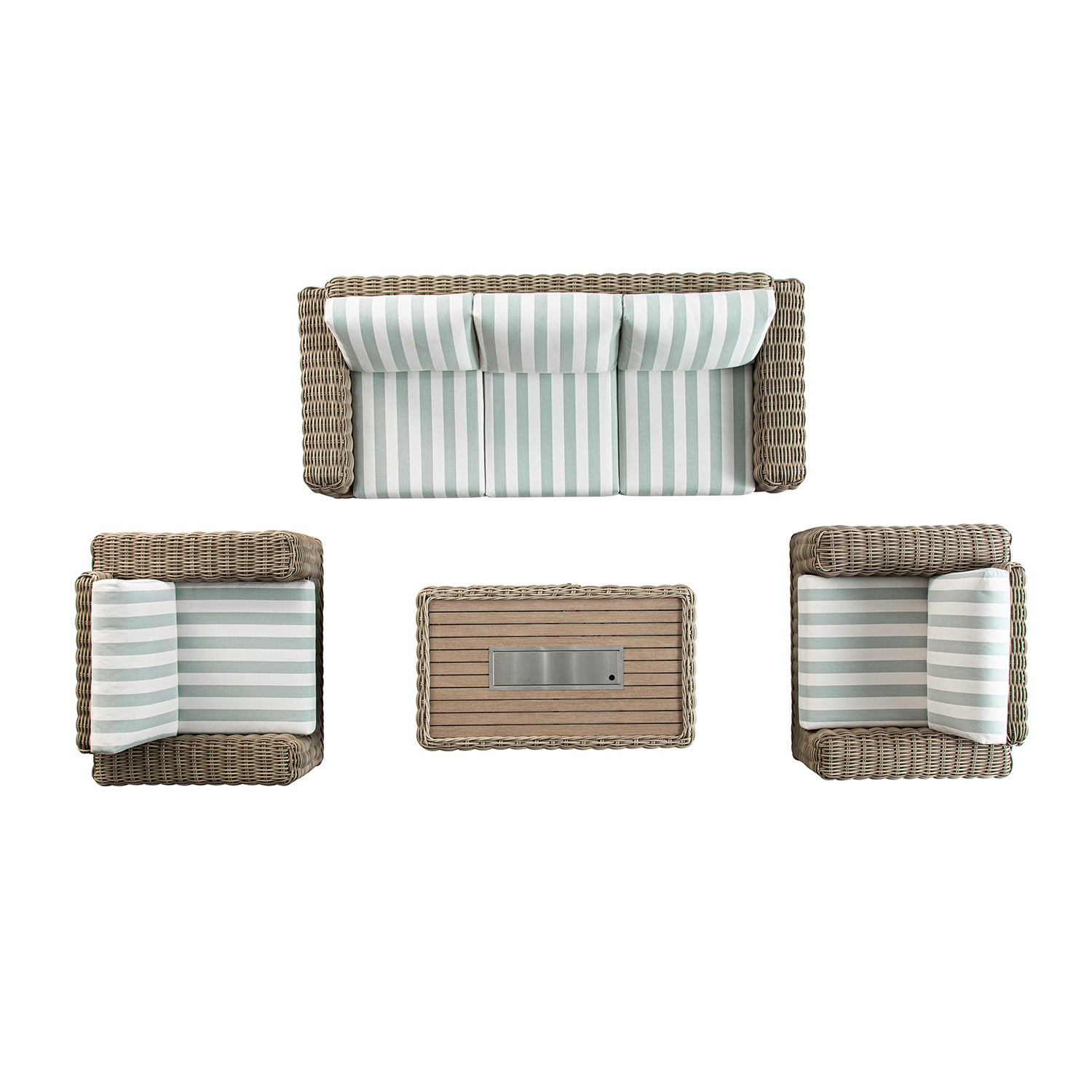 Bellagio Round Wicker Sofa Set with Firepit Coffee Table, Natural with Sage Stripe