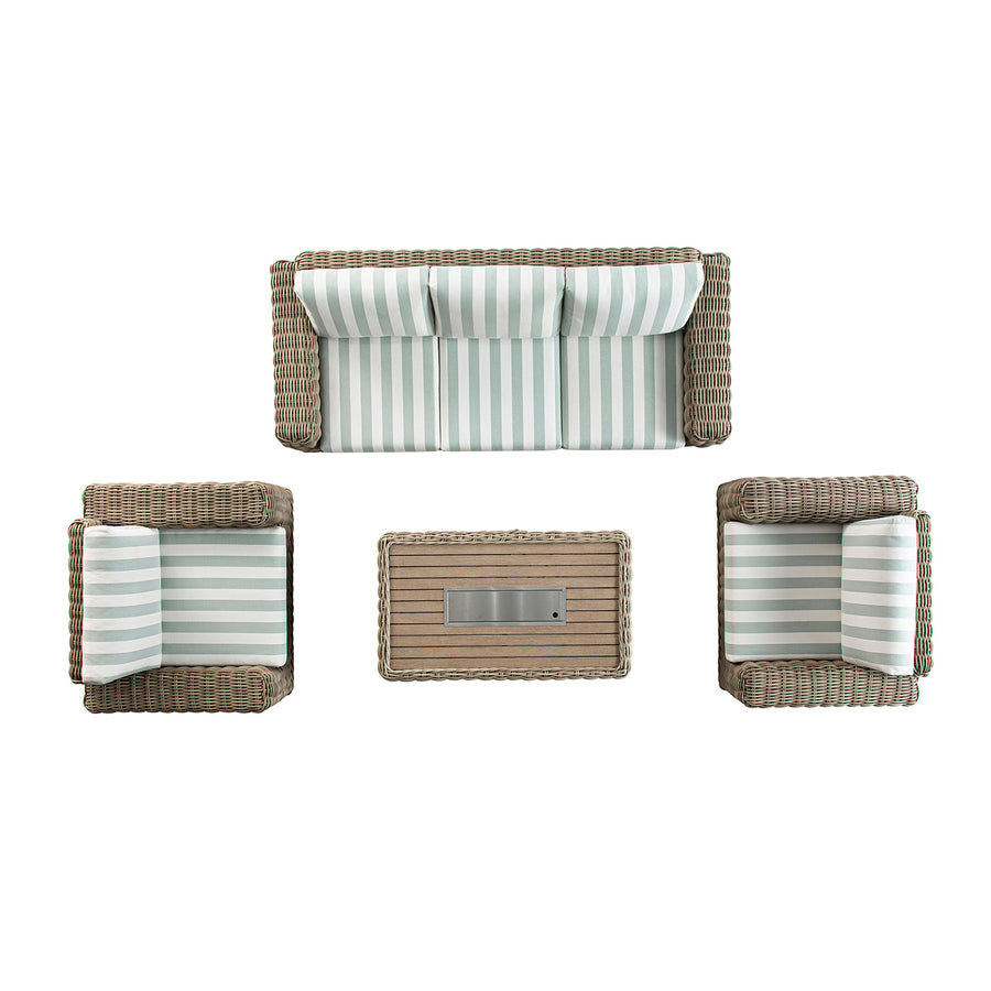 Bellagio Round Wicker Sofa Set with Firepit Coffee Table, Natural with Sage Stripe