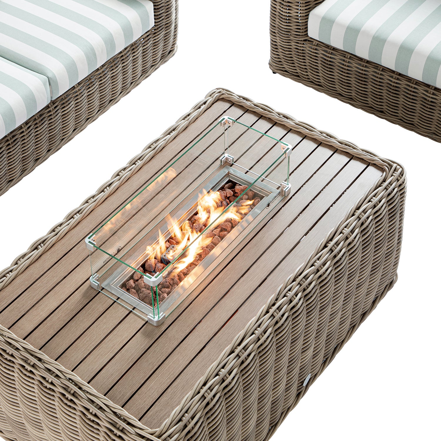 Bellagio Round Wicker Sofa Set with Firepit Coffee Table, Natural with Sage Stripe