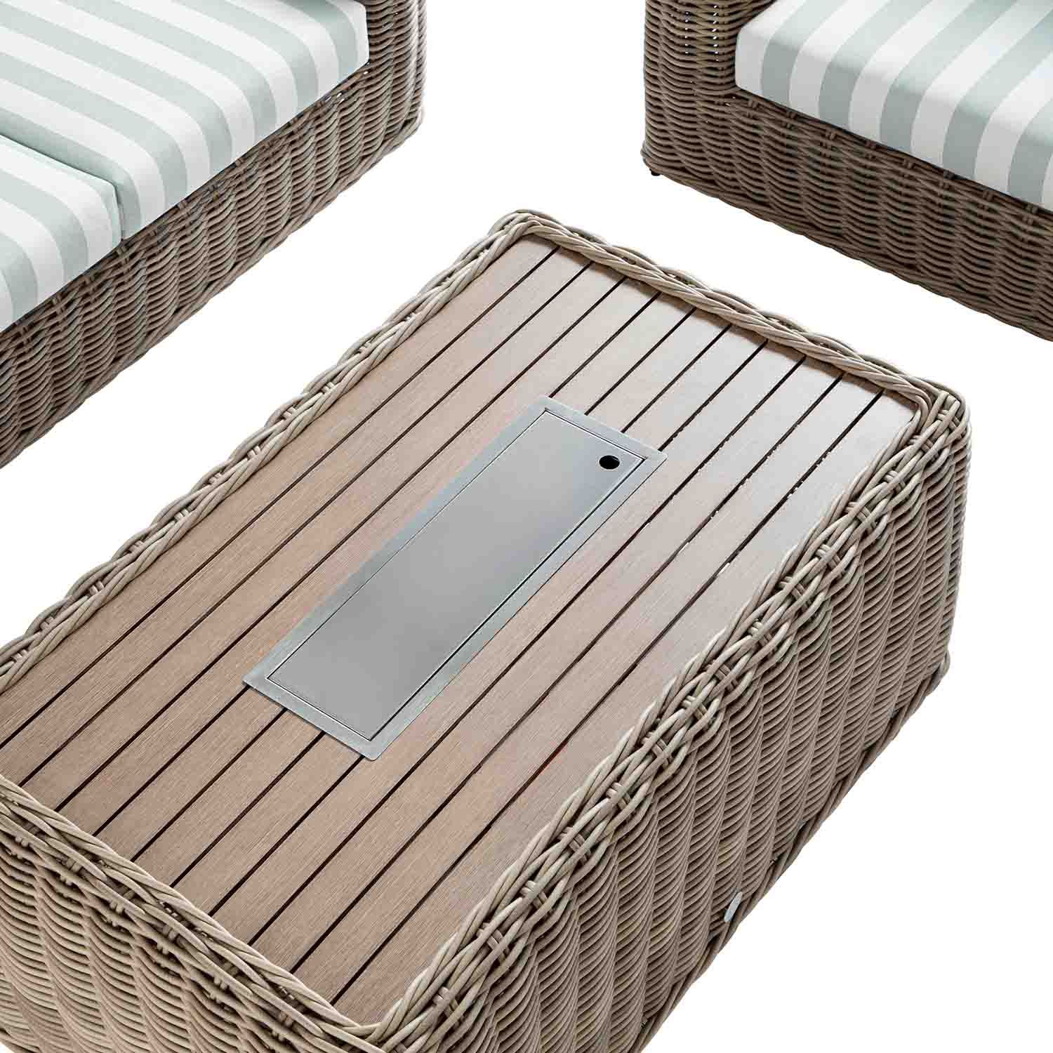 Bellagio Round Wicker Sofa Set with Firepit Coffee Table, Natural with Sage Stripe