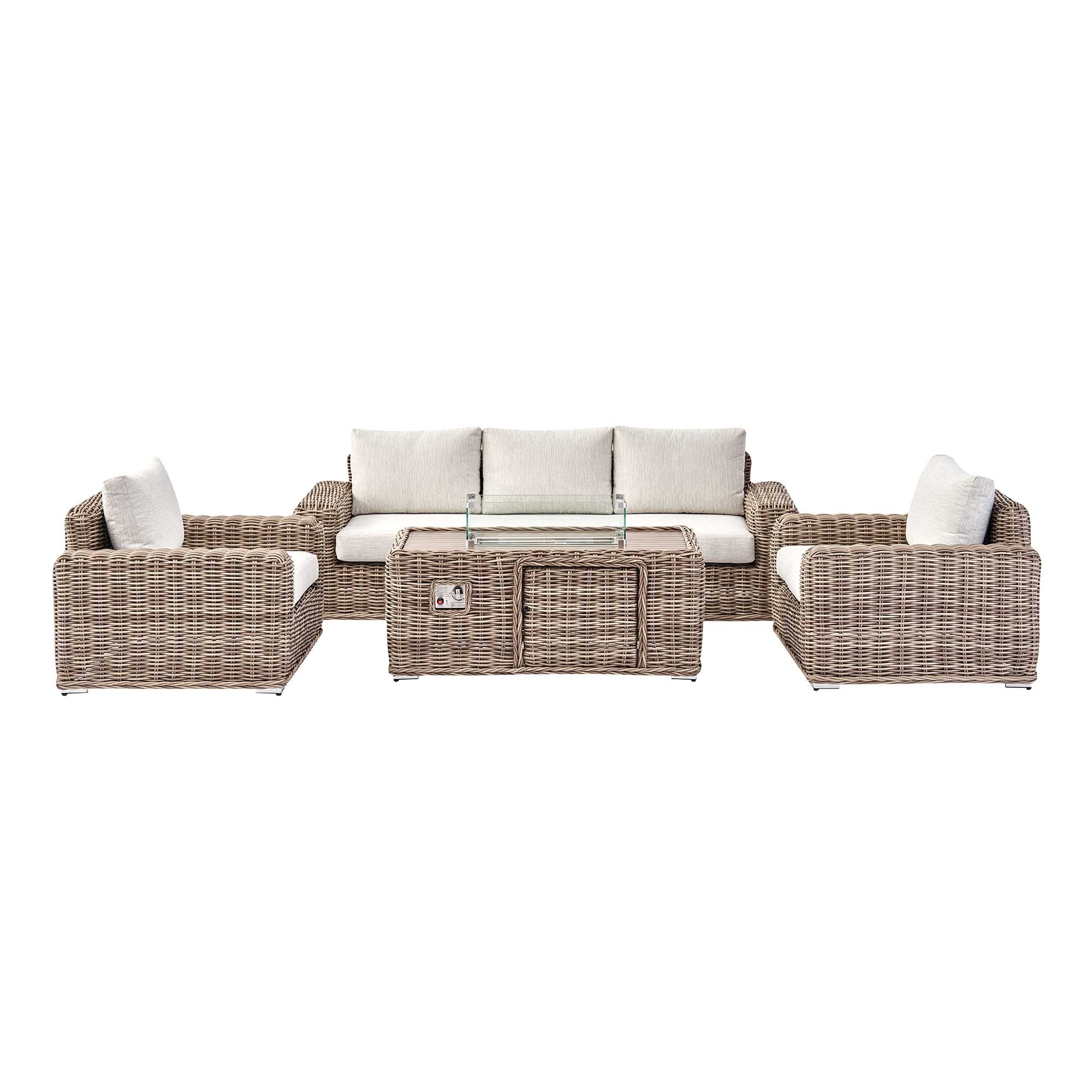 Bellagio Round Wicker Sofa Set with Firepit Coffee Table, Natural