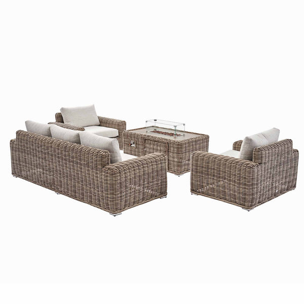 Bellagio Round Wicker Sofa Set with Firepit Coffee Table, Natural