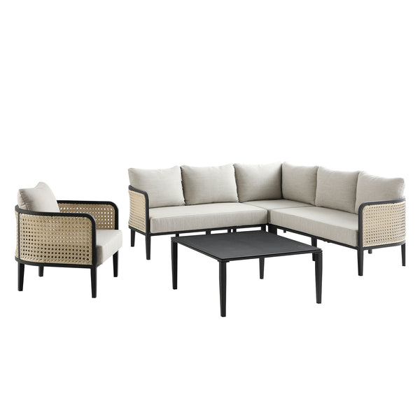 Pienza Outdoor Rattan Corner Sofa Set, Oatmeal Fabric with Black Frame