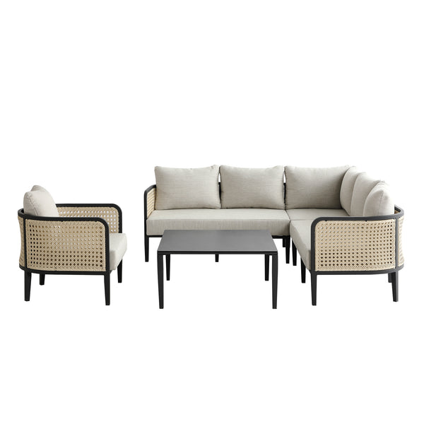 Pienza Outdoor Rattan Corner Sofa Set, Oatmeal Fabric with Black Frame