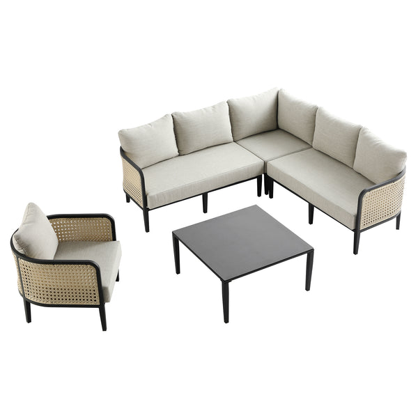 Pienza Outdoor Rattan Corner Sofa Set, Oatmeal Fabric with Black Frame
