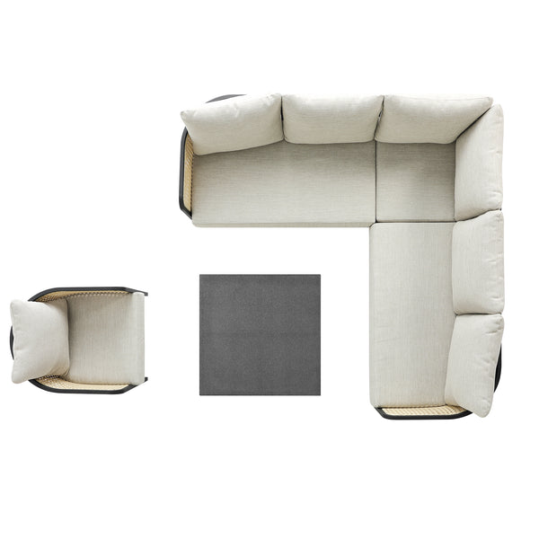 Pienza Outdoor Rattan Corner Sofa Set, Oatmeal Fabric with Black Frame