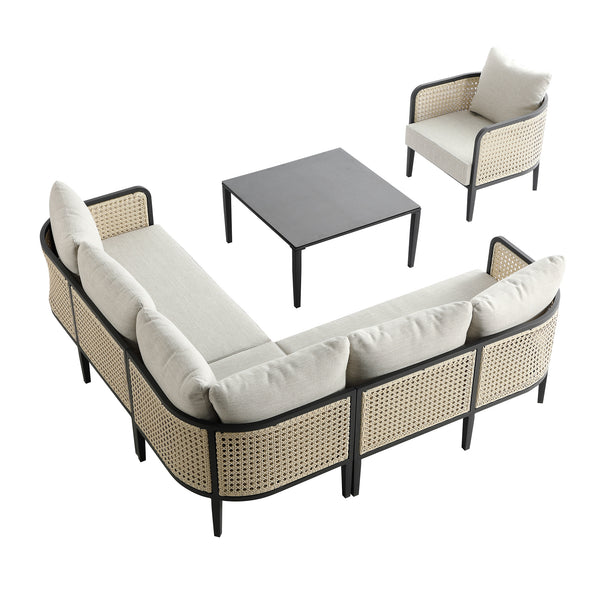 Pienza Outdoor Rattan Corner Sofa Set, Oatmeal Fabric with Black Frame