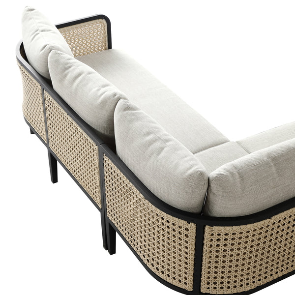 Pienza Outdoor Rattan Corner Sofa Set, Oatmeal Fabric with Black Frame