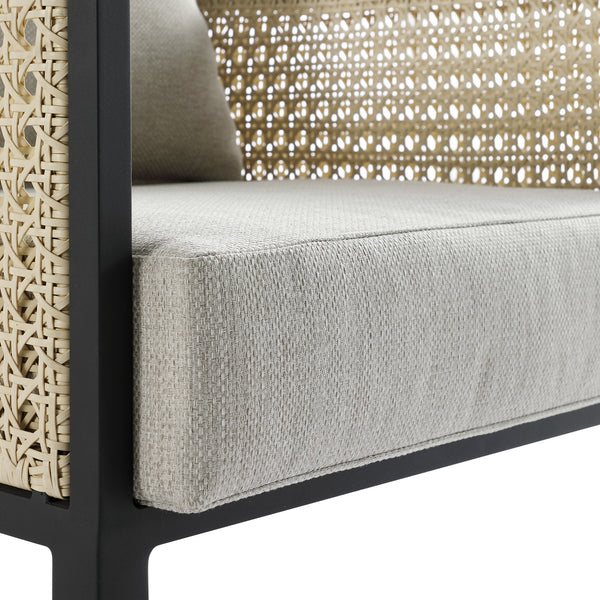 Pienza Outdoor Rattan Corner Sofa Set, Oatmeal Fabric with Black Frame