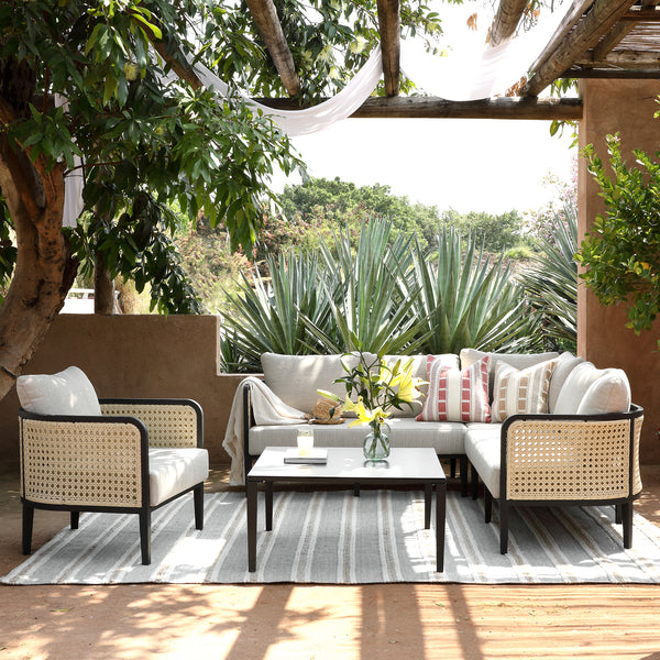 Pienza Outdoor Rattan Corner Sofa Set, Oatmeal Fabric with Black Frame