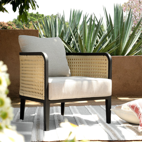 Pienza Outdoor Rattan Corner Sofa Set, Oatmeal Fabric with Black Frame