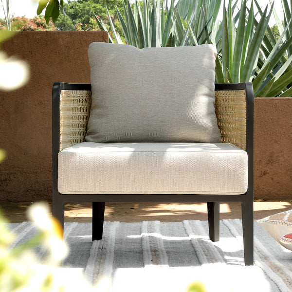 Pienza Outdoor Rattan Corner Sofa Set, Oatmeal Fabric with Black Frame