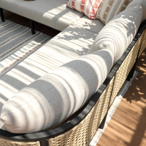 Pienza Outdoor Rattan Corner Sofa Set, Oatmeal Fabric with Black Frame