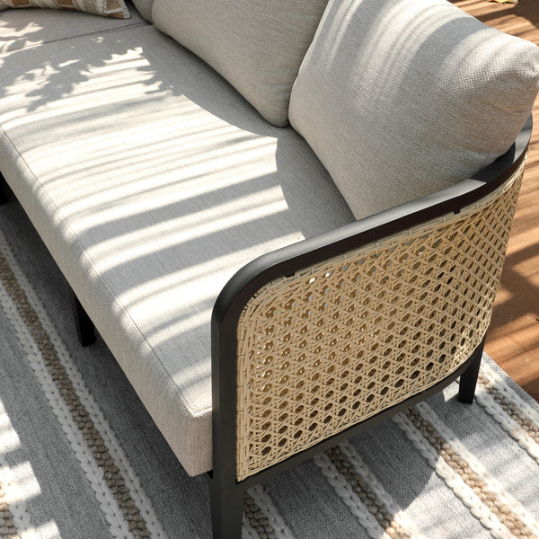 Pienza Outdoor Rattan Corner Sofa Set, Oatmeal Fabric with Black Frame