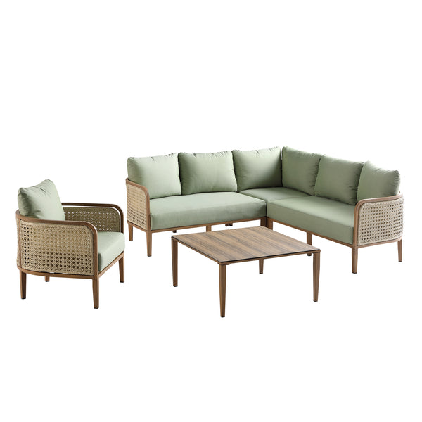 Pienza Outdoor Rattan Corner Sofa Set, Sage Green Fabric with Light Walnut Frame - daals