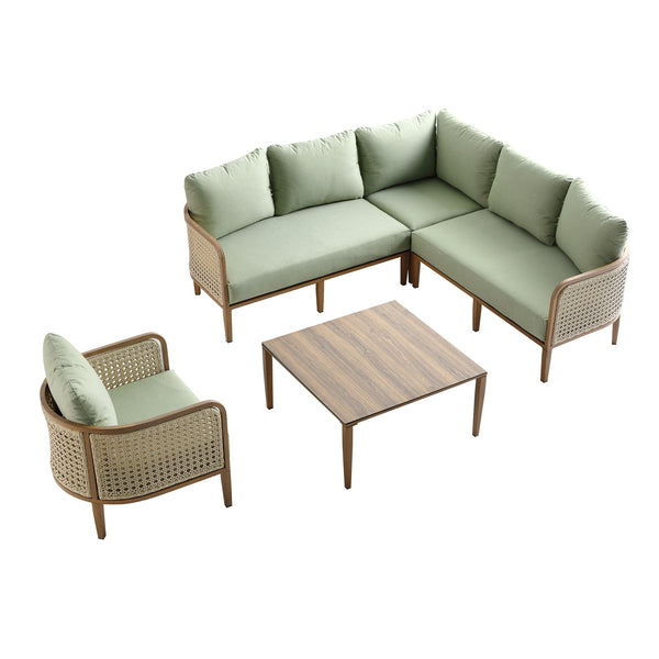 Pienza Outdoor Rattan Corner Sofa Set, Sage Green Fabric with Light Walnut Frame