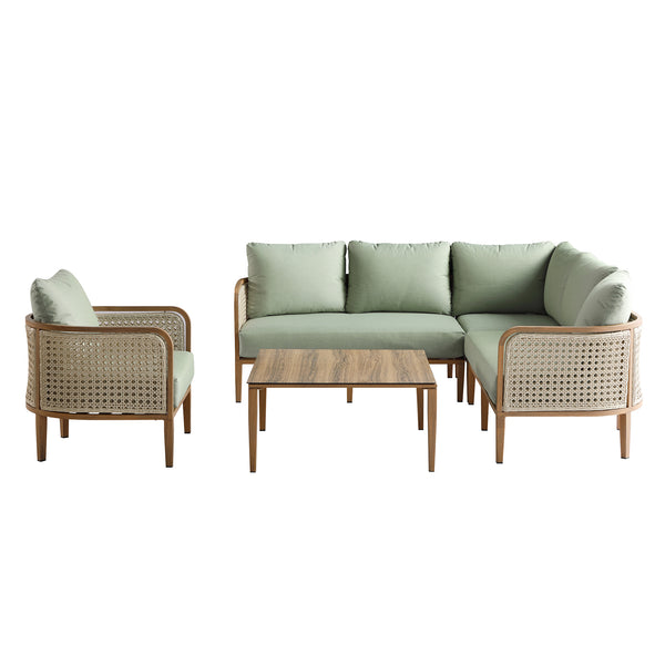 Pienza Outdoor Rattan Corner Sofa Set, Sage Green Fabric with Light Walnut Frame
