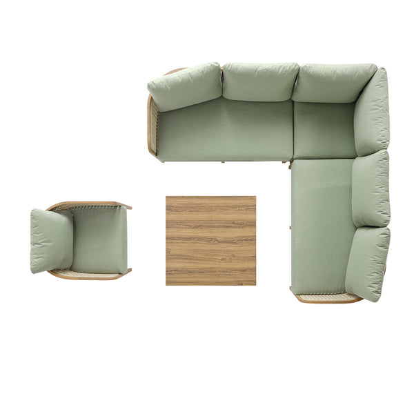 Pienza Outdoor Rattan Corner Sofa Set, Sage Green Fabric with Light Walnut Frame