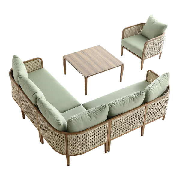 Pienza Outdoor Rattan Corner Sofa Set, Sage Green Fabric with Light Walnut Frame