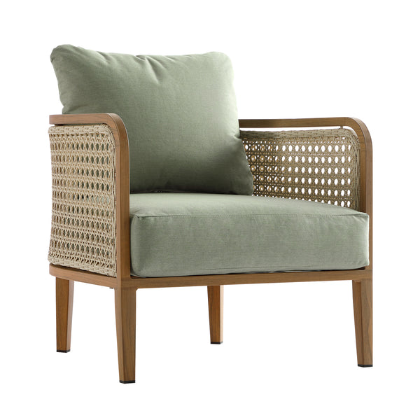 Pienza Outdoor Rattan Corner Sofa Set, Sage Green Fabric with Light Walnut Frame