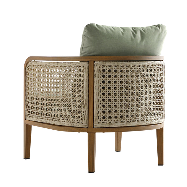 Pienza Outdoor Rattan Corner Sofa Set, Sage Green Fabric with Light Walnut Frame