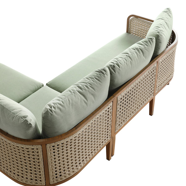 Pienza Outdoor Rattan Corner Sofa Set, Sage Green Fabric with Light Walnut Frame