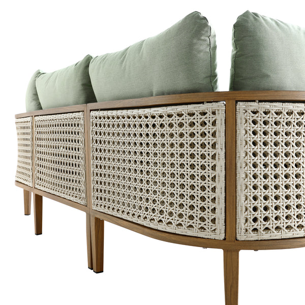 Pienza Outdoor Rattan Corner Sofa Set, Sage Green Fabric with Light Walnut Frame