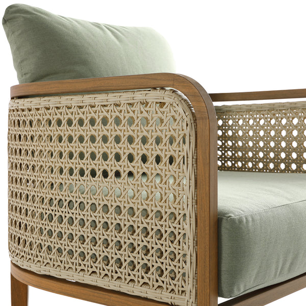 Pienza Outdoor Rattan Corner Sofa Set, Sage Green Fabric with Light Walnut Frame