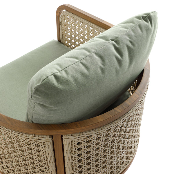 Pienza Outdoor Rattan Corner Sofa Set, Sage Green Fabric with Light Walnut Frame