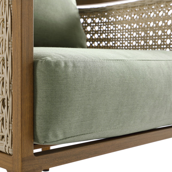 Pienza Outdoor Rattan Corner Sofa Set, Sage Green Fabric with Light Walnut Frame