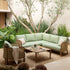 Pienza Outdoor Rattan Corner Sofa Set, Sage Green Fabric with Light Walnut Frame - daals