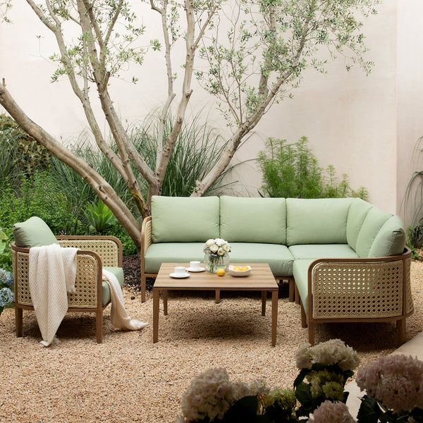 Pienza Outdoor Rattan Corner Sofa Set, Sage Green Fabric with Light Walnut Frame - daals