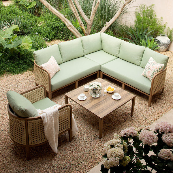 Pienza Outdoor Rattan Corner Sofa Set, Sage Green Fabric with Light Walnut Frame - daals