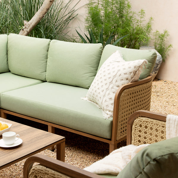 Pienza Outdoor Rattan Corner Sofa Set, Sage Green Fabric with Light Walnut Frame - daals