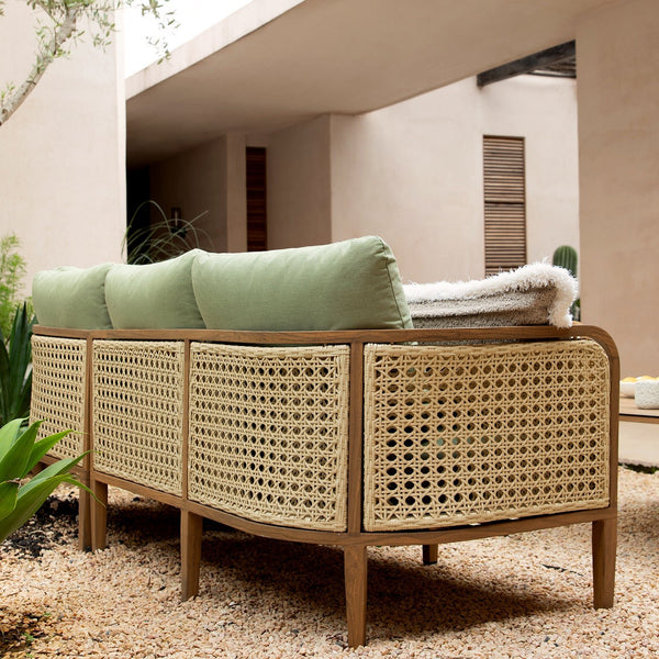 Pienza Outdoor Rattan Corner Sofa Set, Sage Green Fabric with Light Walnut Frame - daals