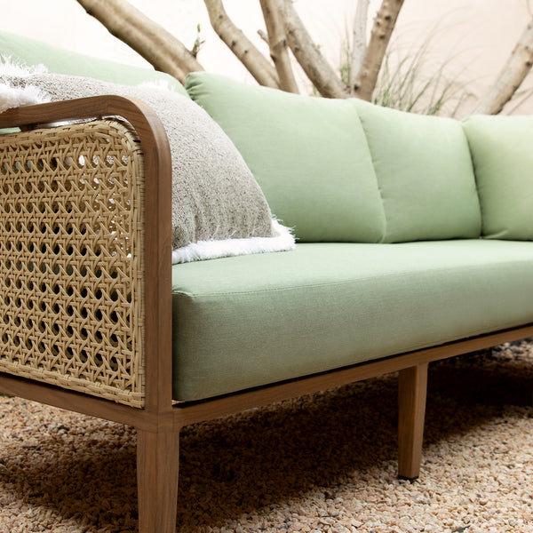 Pienza Outdoor Rattan Corner Sofa Set, Sage Green Fabric with Light Walnut Frame - daals