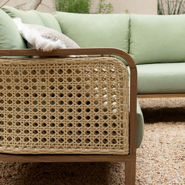 Pienza Outdoor Rattan Corner Sofa Set, Sage Green Fabric with Light Walnut Frame - daals