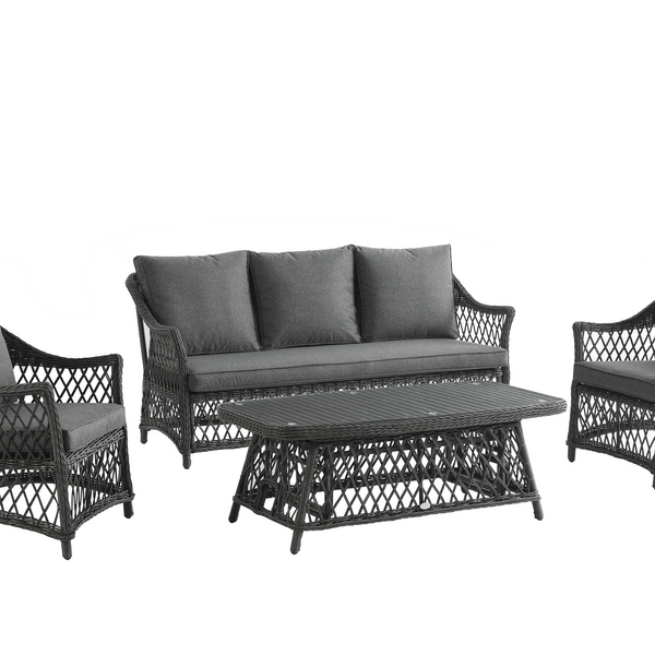 Willowbrook Lattice Weave Rattan 5-Seater Sofa Set with Rising Table, Dark Grey