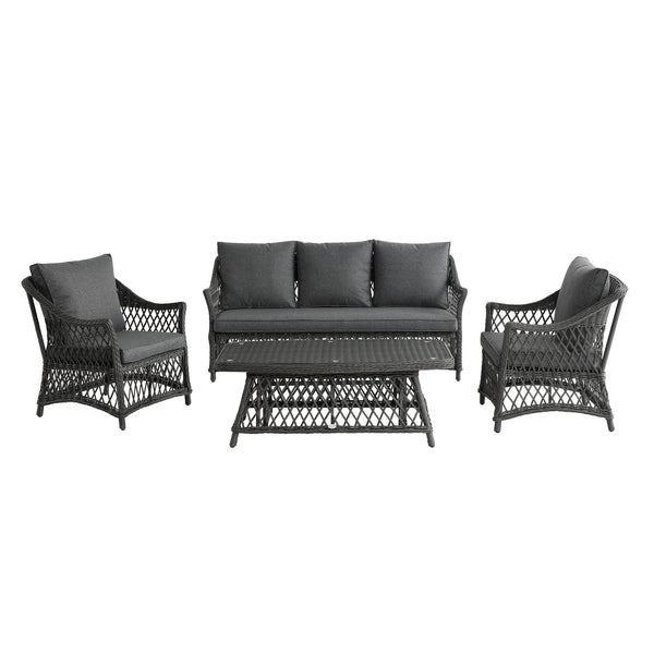 Willowbrook Lattice Weave Rattan 5-Seater Sofa Set with Rising Table, Dark Grey