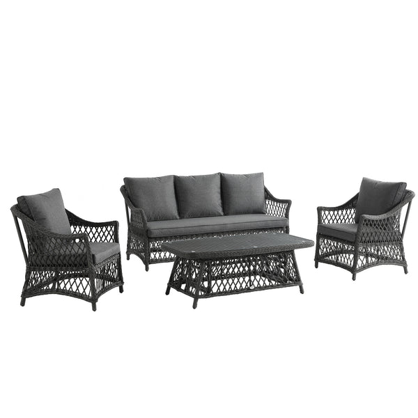 Willowbrook Lattice Weave Rattan 5-Seater Sofa Set with Rising Table, Dark Grey