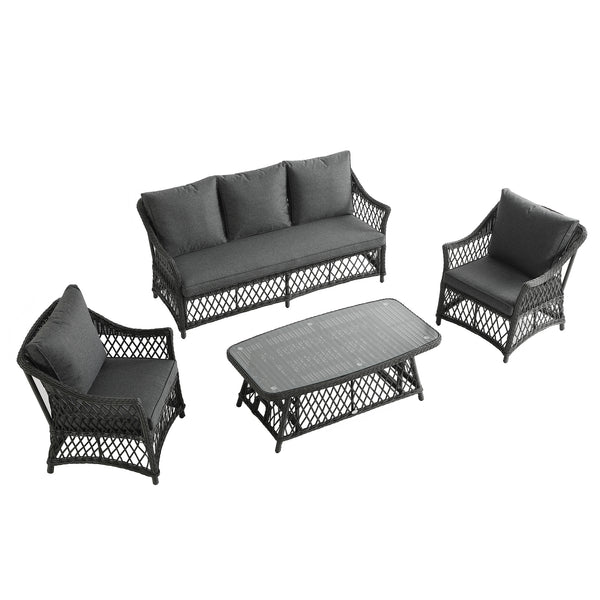 Willowbrook Lattice Weave Rattan 5-Seater Sofa Set with Rising Table, Dark Grey